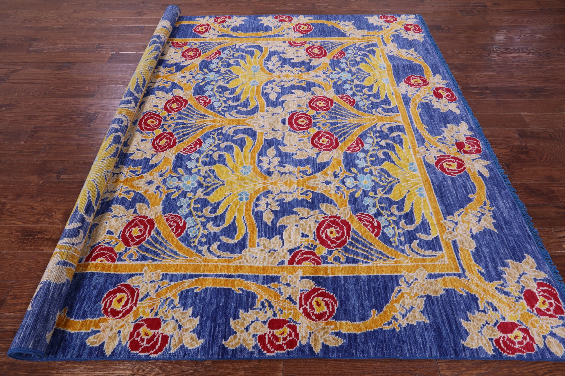 Blue Square William Morris Hand Knotted Wool Rug - 8' 1" X 8' 2" - Golden Nile