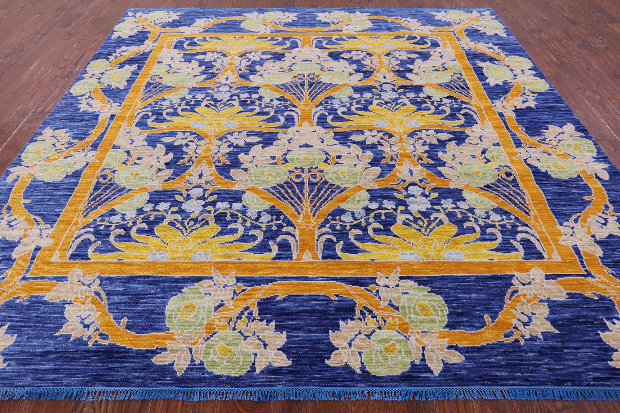 Blue Square William Morris Hand Knotted Wool Rug - 9' 11" X 10' 1" - Golden Nile