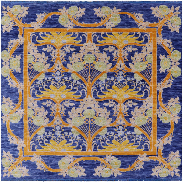 Blue Square William Morris Hand Knotted Wool Rug - 9' 11" X 10' 1" - Golden Nile