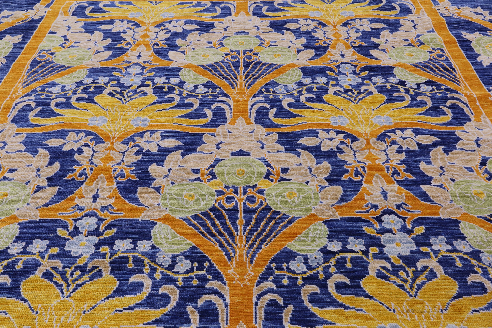 Blue Square William Morris Hand Knotted Wool Rug - 9' 11" X 10' 1" - Golden Nile