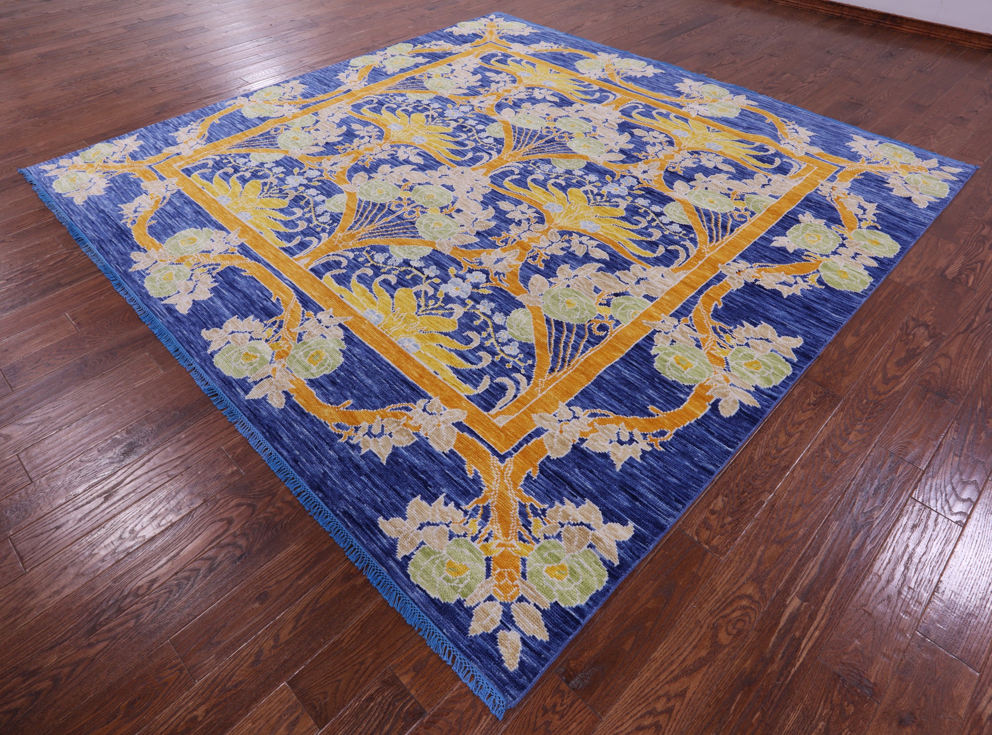 Blue Square William Morris Hand Knotted Wool Rug - 9' 11" X 10' 1" - Golden Nile