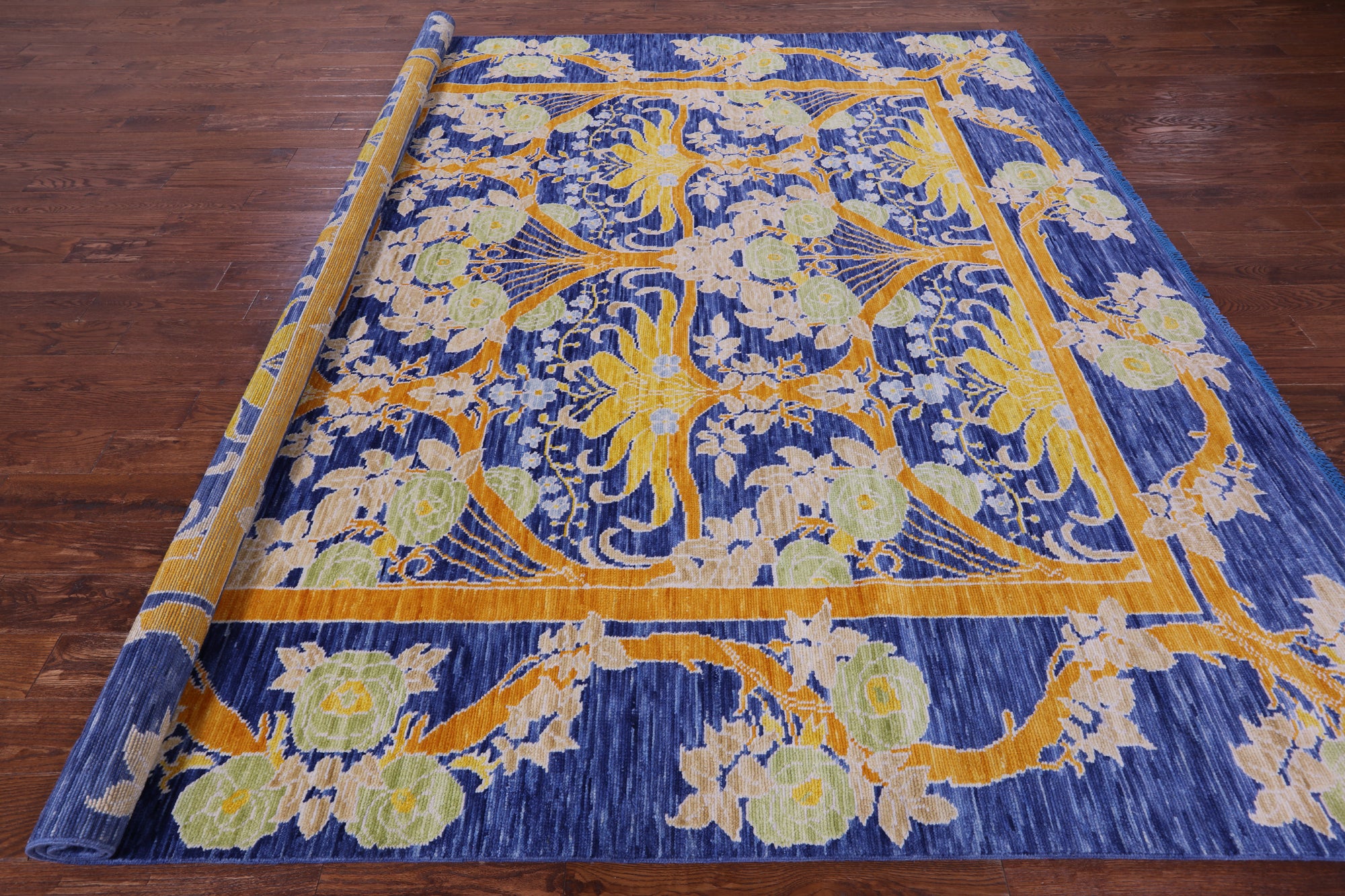 Blue Square William Morris Hand Knotted Wool Rug - 9' 11" X 10' 1" - Golden Nile