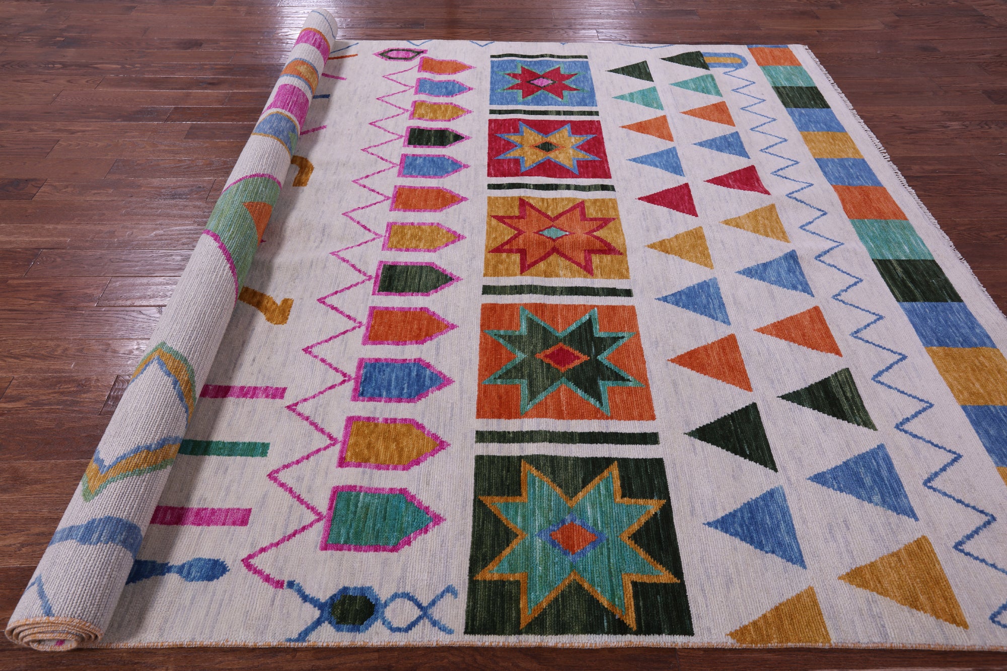Ivory Tribal Moroccan Handmade Wool Rug - 8' 10" X 11' 8" - Golden Nile