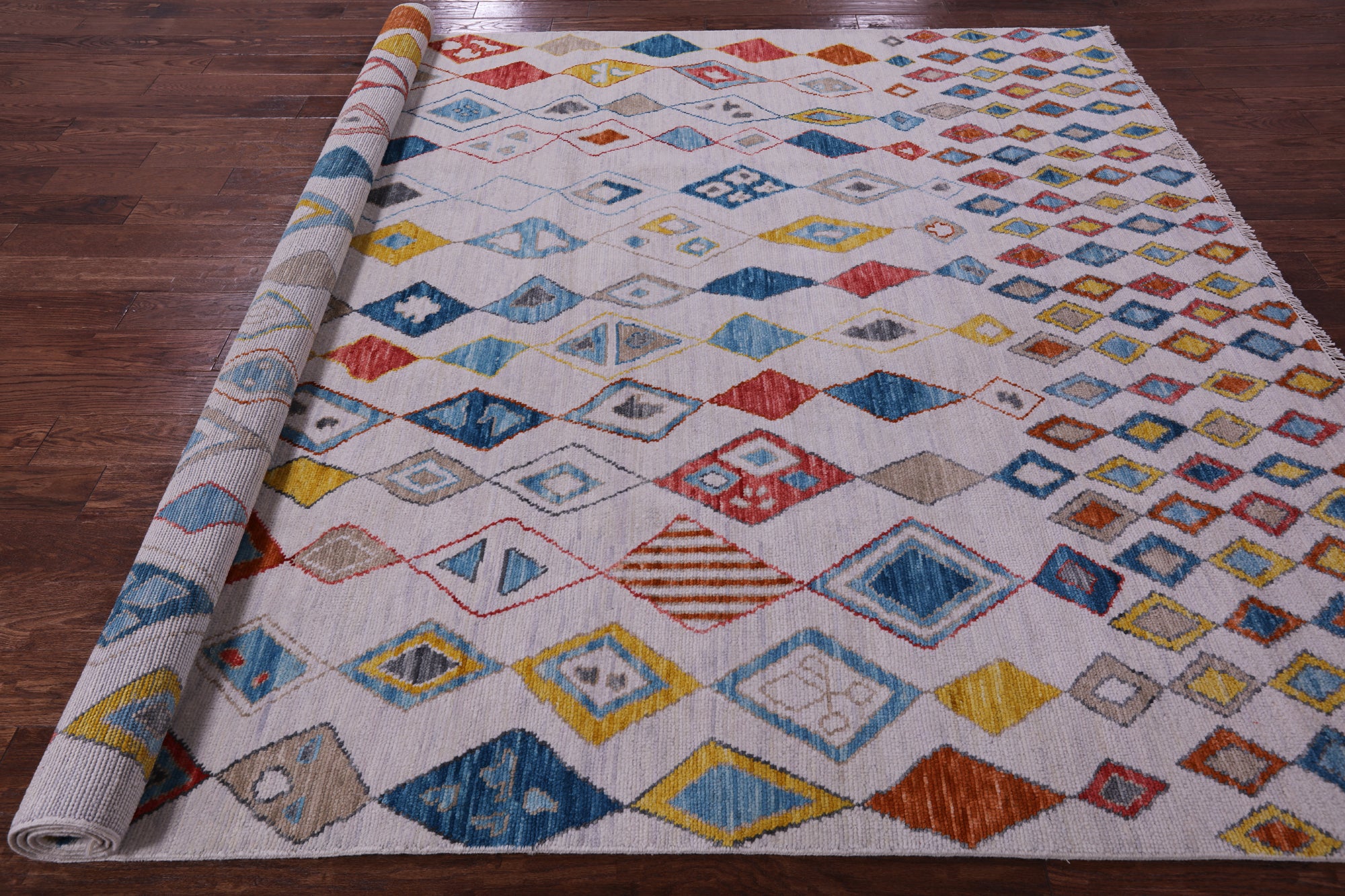 Ivory Tribal Moroccan Hand Knotted Wool Rug - 8' 1" X 10' 2" - Golden Nile