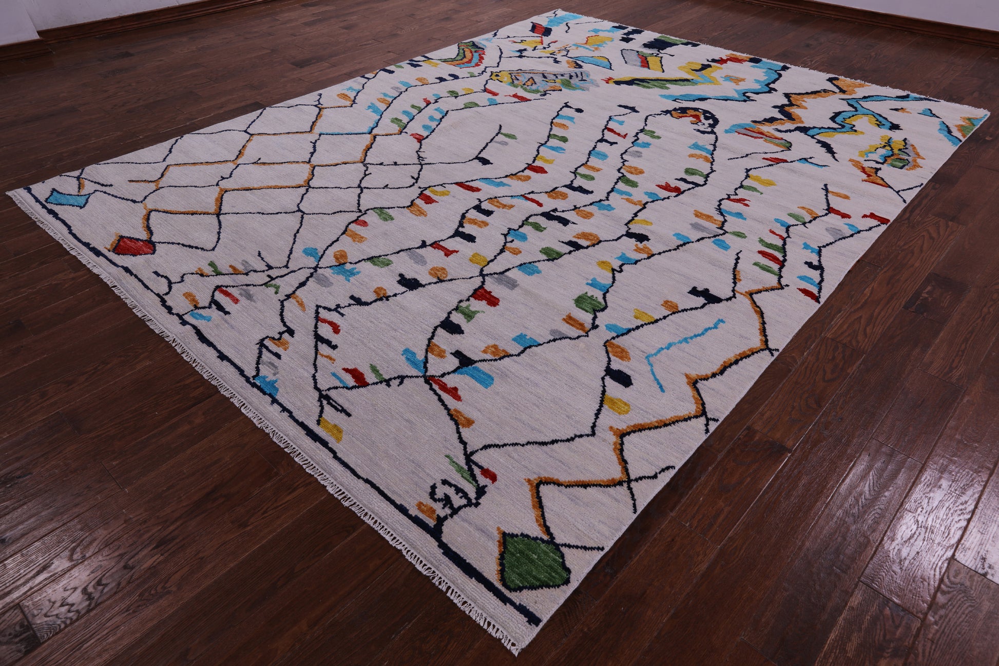 Ivory Tribal Moroccan Hand Knotted Wool Rug - 8' 11" X 11' 9" - Golden Nile