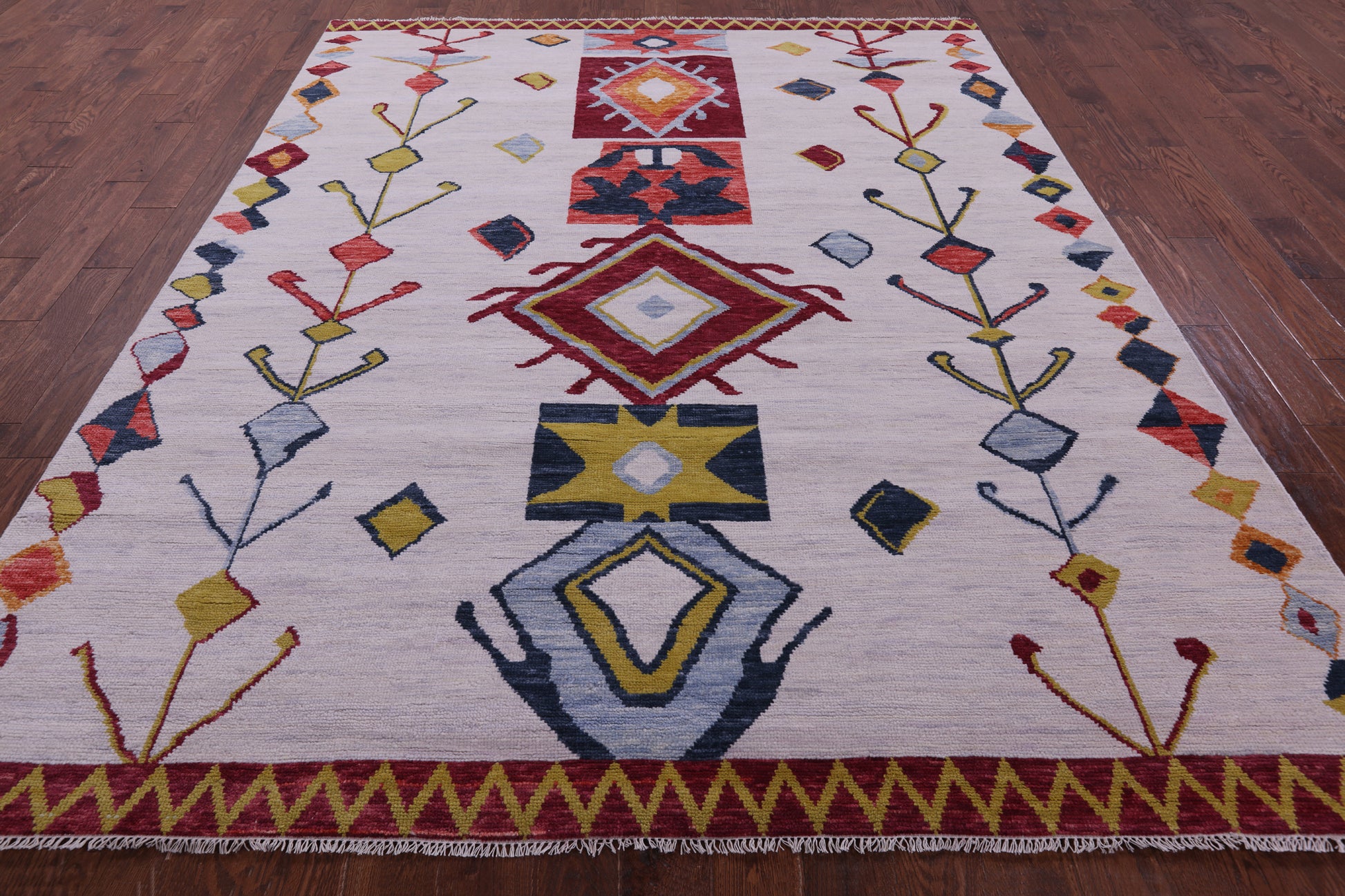 Ivory Tribal Moroccan Hand Knotted Wool Rug - 8' 0" X 9' 11" - Golden Nile
