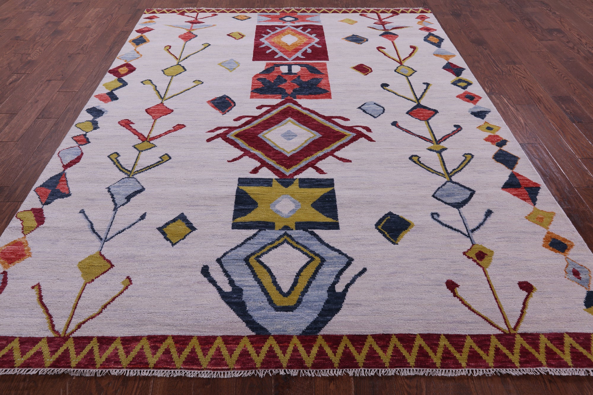 Ivory Tribal Moroccan Hand Knotted Wool Rug - 8' 0" X 9' 11" - Golden Nile