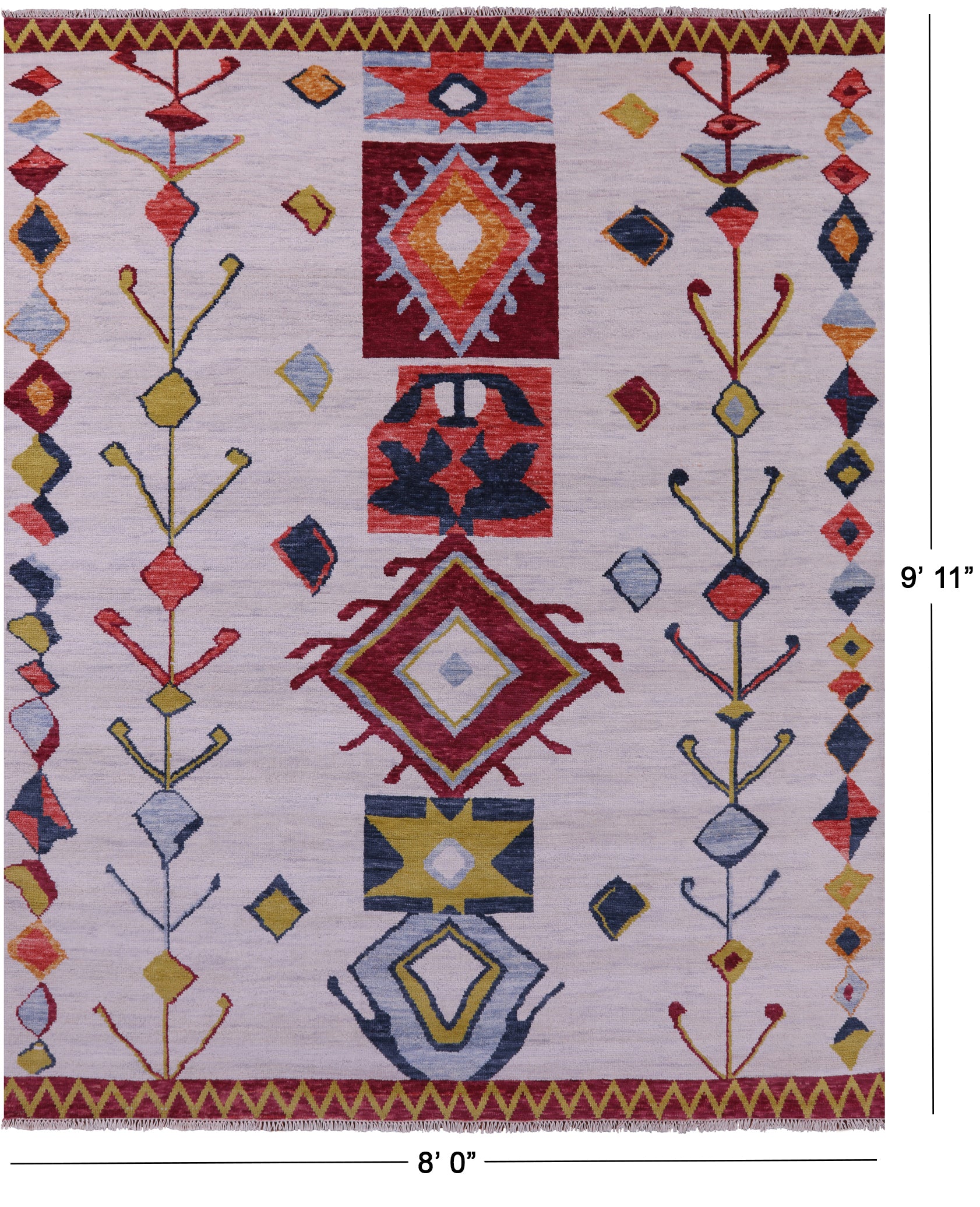 Ivory Tribal Moroccan Hand Knotted Wool Rug - 8' 0" X 9' 11" - Golden Nile