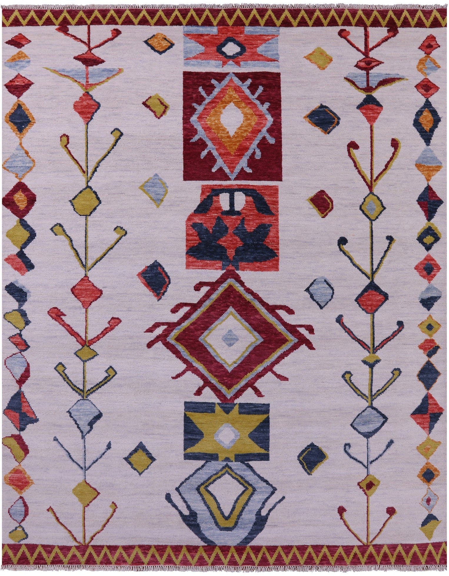 Ivory Tribal Moroccan Hand Knotted Wool Rug - 8' 0" X 9' 11" - Golden Nile