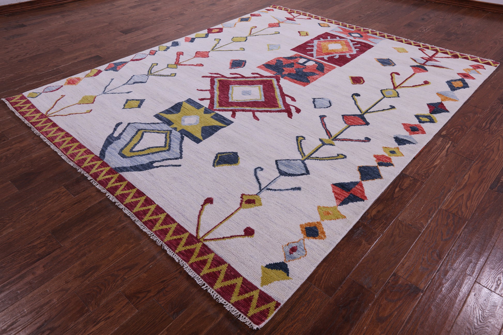Ivory Tribal Moroccan Hand Knotted Wool Rug - 8' 0" X 9' 11" - Golden Nile