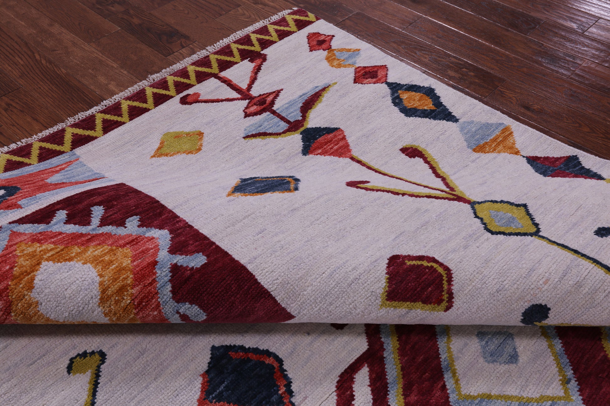 Ivory Tribal Moroccan Hand Knotted Wool Rug - 8' 0" X 9' 11" - Golden Nile