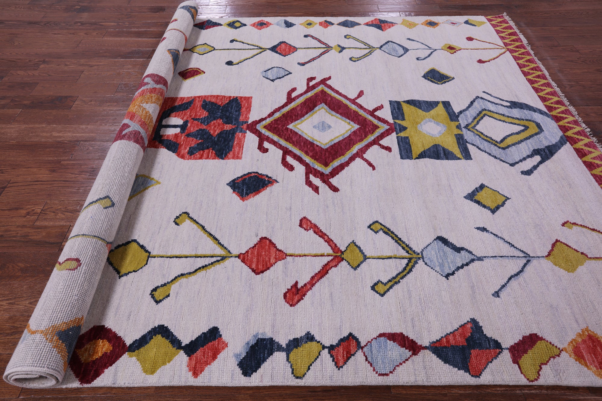 Ivory Tribal Moroccan Hand Knotted Wool Rug - 8' 0" X 9' 11" - Golden Nile