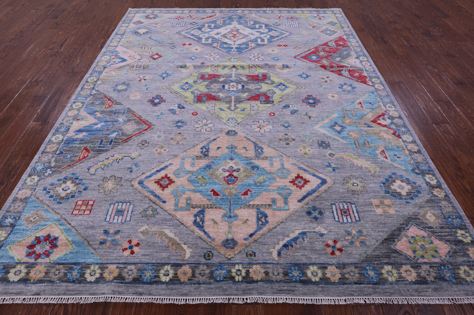 Grey Kazak Hand Knotted Wool Rug - 8' 1" X 9' 11" - Golden Nile