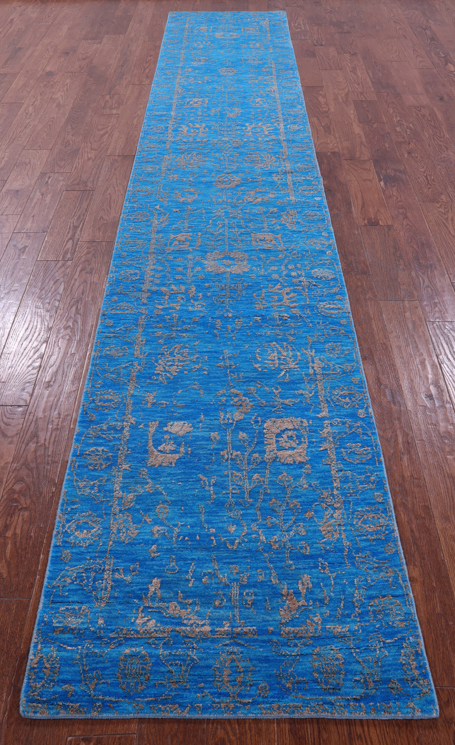 Blue Persian Tabriz Hand Knotted Wool & Silk Runner Rug - 2' 7" X 14' 8" - Golden Nile