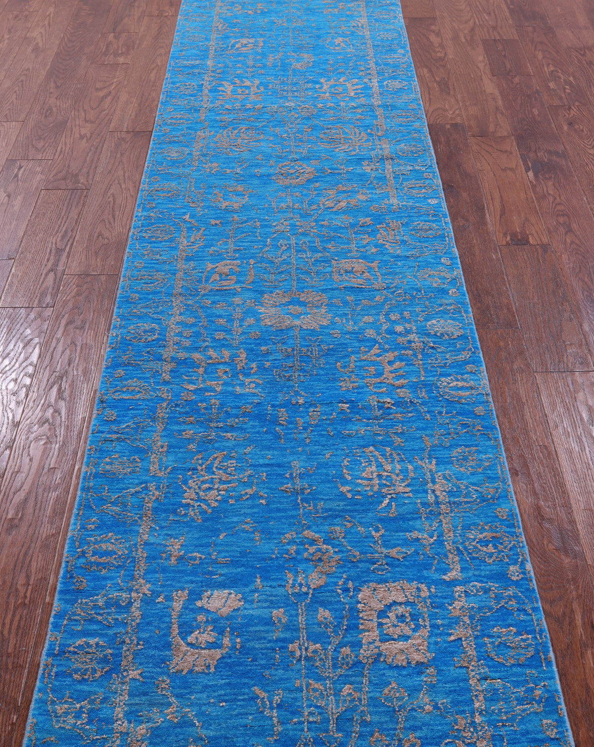 Blue Persian Tabriz Hand Knotted Wool & Silk Runner Rug - 2' 7" X 14' 8" - Golden Nile