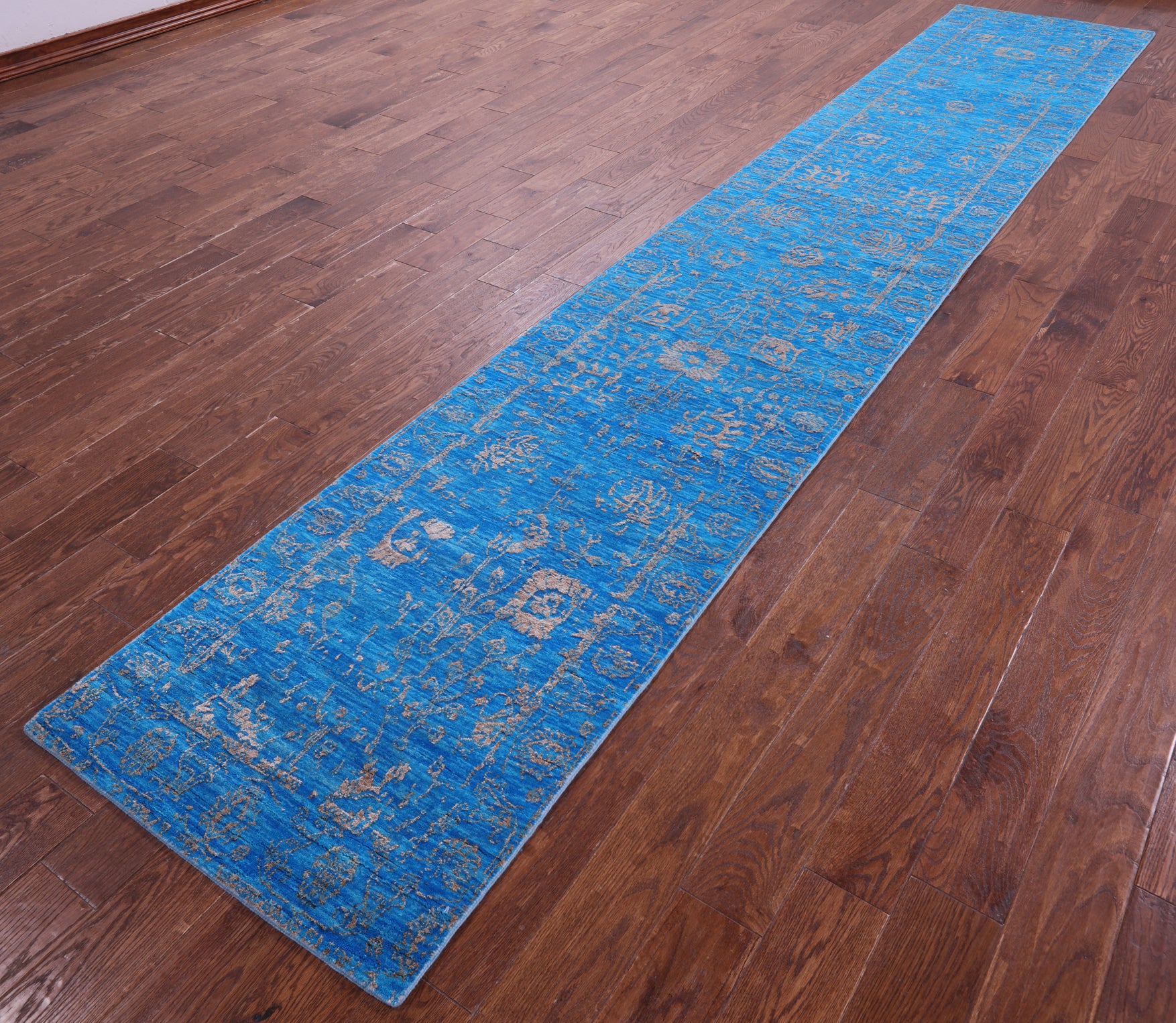 Blue Persian Tabriz Hand Knotted Wool & Silk Runner Rug - 2' 7" X 14' 8" - Golden Nile