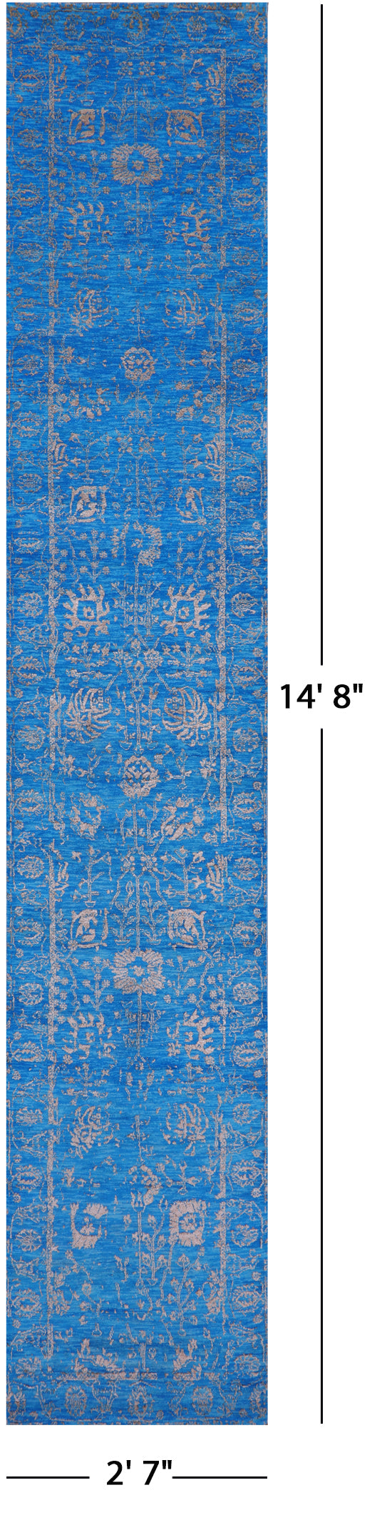 Blue Persian Tabriz Hand Knotted Wool & Silk Runner Rug - 2' 7" X 14' 8" - Golden Nile