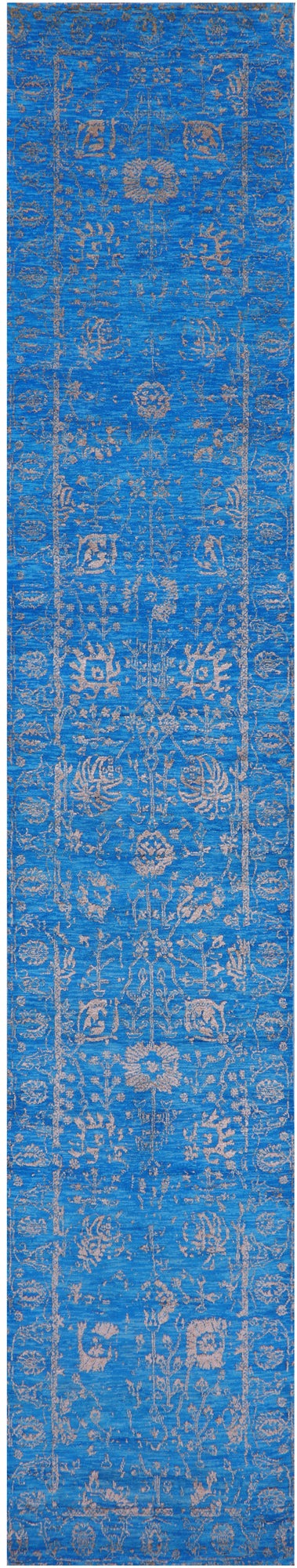 Blue Persian Tabriz Hand Knotted Wool & Silk Runner Rug - 2' 7" X 14' 8" - Golden Nile