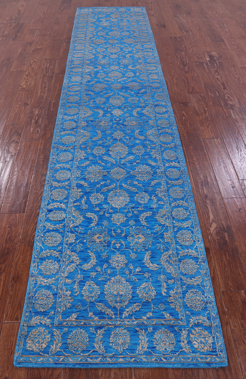 Blue Persian Tabriz Hand Knotted Wool & Silk Runner Rug - 2' 7" X 12' 0" - Golden Nile