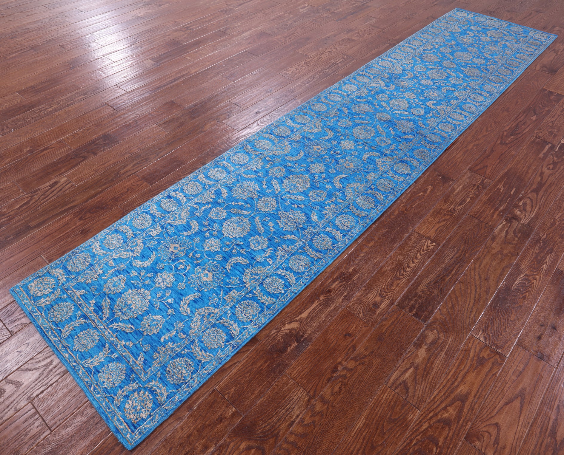 Blue Persian Tabriz Hand Knotted Wool & Silk Runner Rug - 2' 7" X 12' 0" - Golden Nile