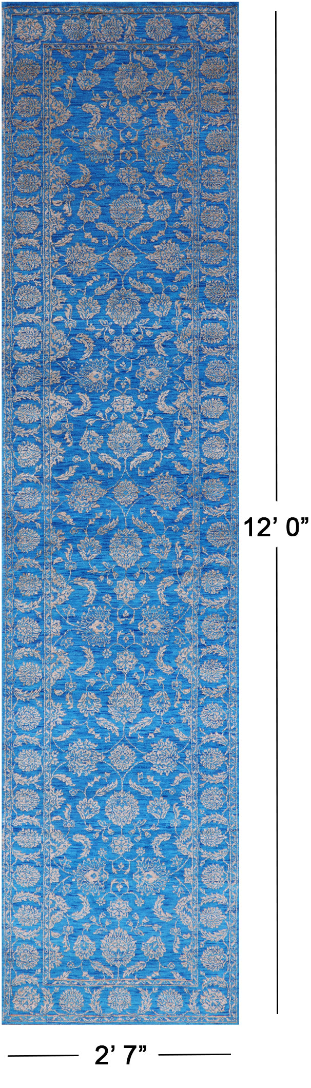 Blue Persian Tabriz Hand Knotted Wool & Silk Runner Rug - 2' 7" X 12' 0" - Golden Nile