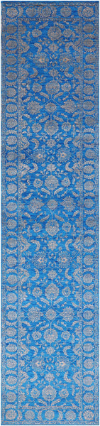 Blue Persian Tabriz Hand Knotted Wool & Silk Runner Rug - 2' 7" X 12' 0" - Golden Nile
