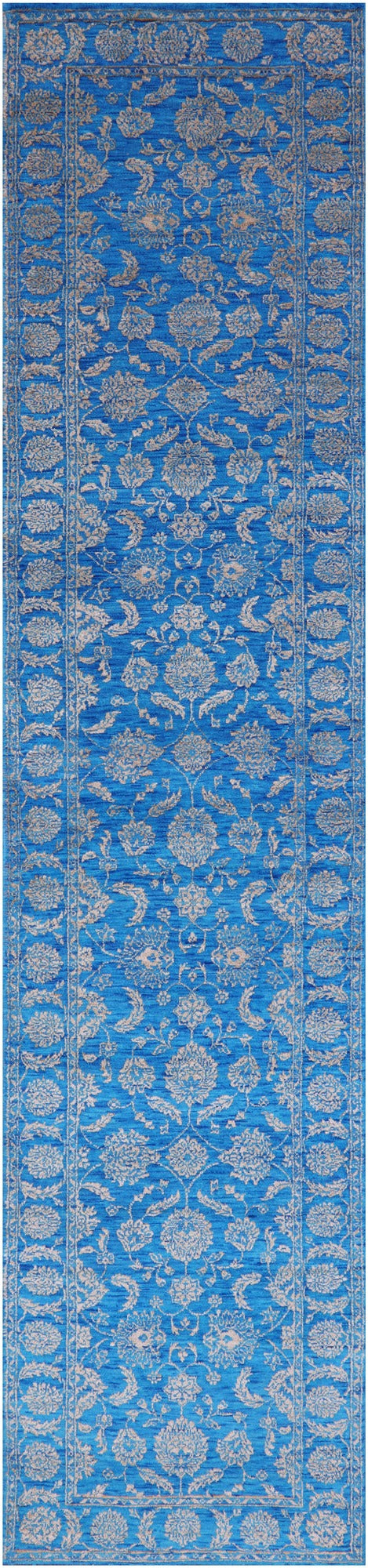 Blue Persian Tabriz Hand Knotted Wool & Silk Runner Rug - 2' 7" X 12' 0" - Golden Nile