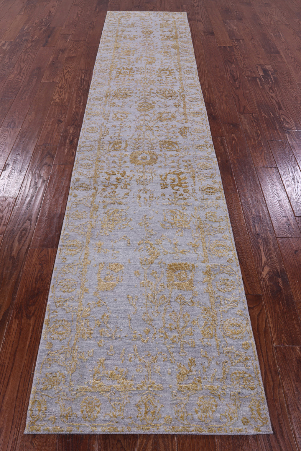 Grey Persian Tabriz Hand Knotted Wool & Silk Runner Rug - 2' 8" X 11' 11" - Golden Nile