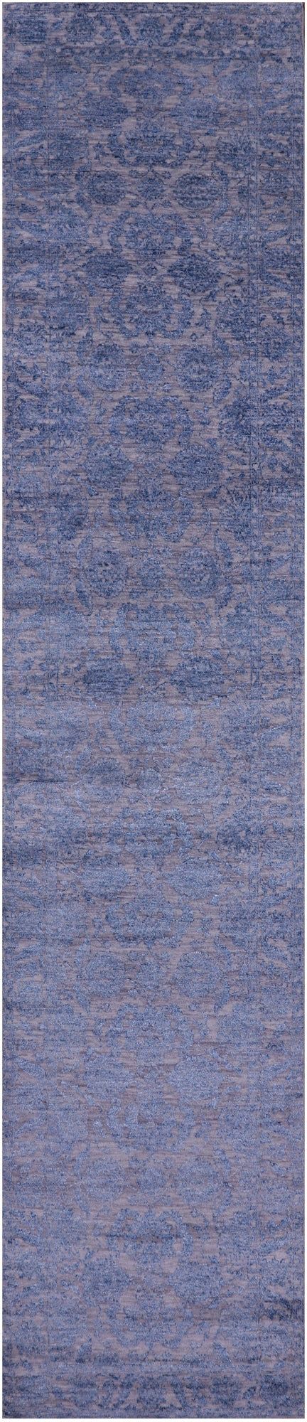 Grey Persian Tabriz Handmade Wool & Silk Runner Rug - 2' 7" X 11' 9" - Golden Nile