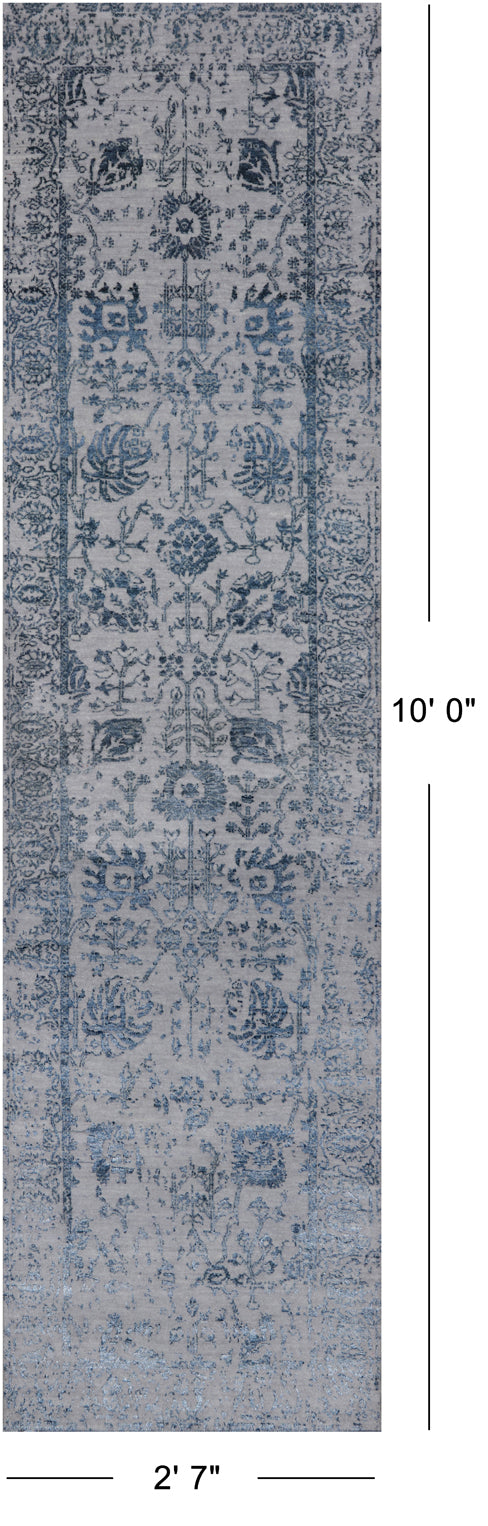 Grey Persian Tabriz Hand Knotted Wool & Silk Runner Rug - 2' 7" X 10' 0"