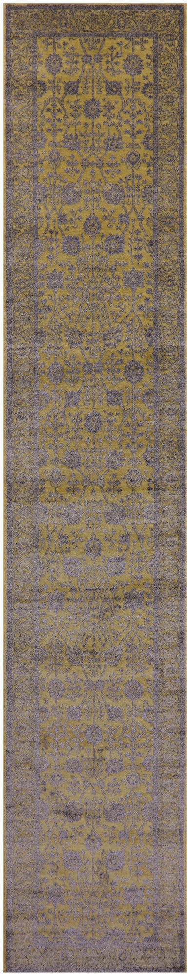 Gold Persian Tabriz Hand Knotted Wool & Silk Runner Rug - 2' 7" X 14' 4" - Golden Nile