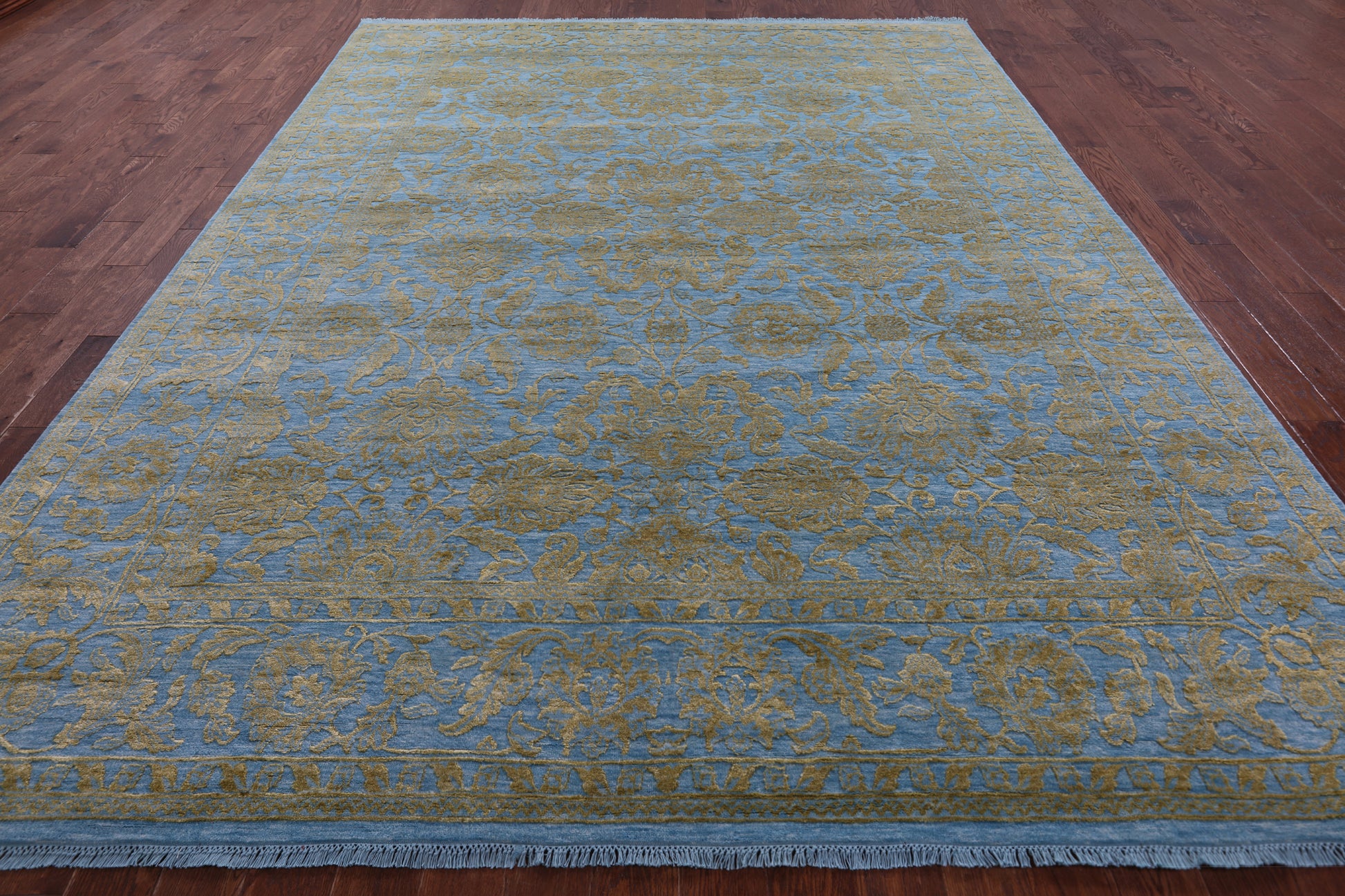 Blue Persian Tabriz Hand Knotted Wool & Silk Rug - 9' 3" X 12' 5" - Golden Nile