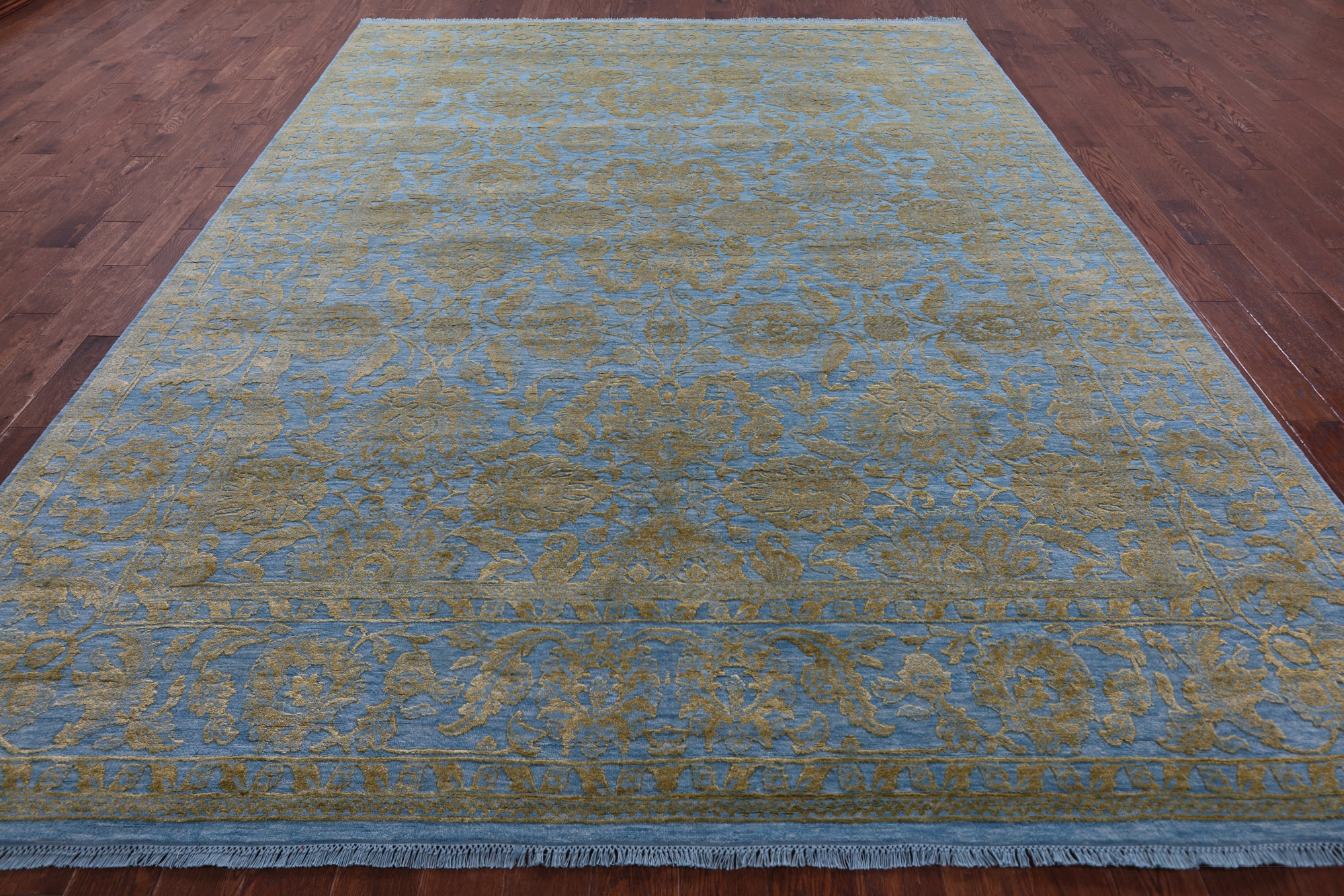 Blue Persian Tabriz Hand Knotted Wool & Silk Rug - 9' 3" X 12' 5" - Golden Nile