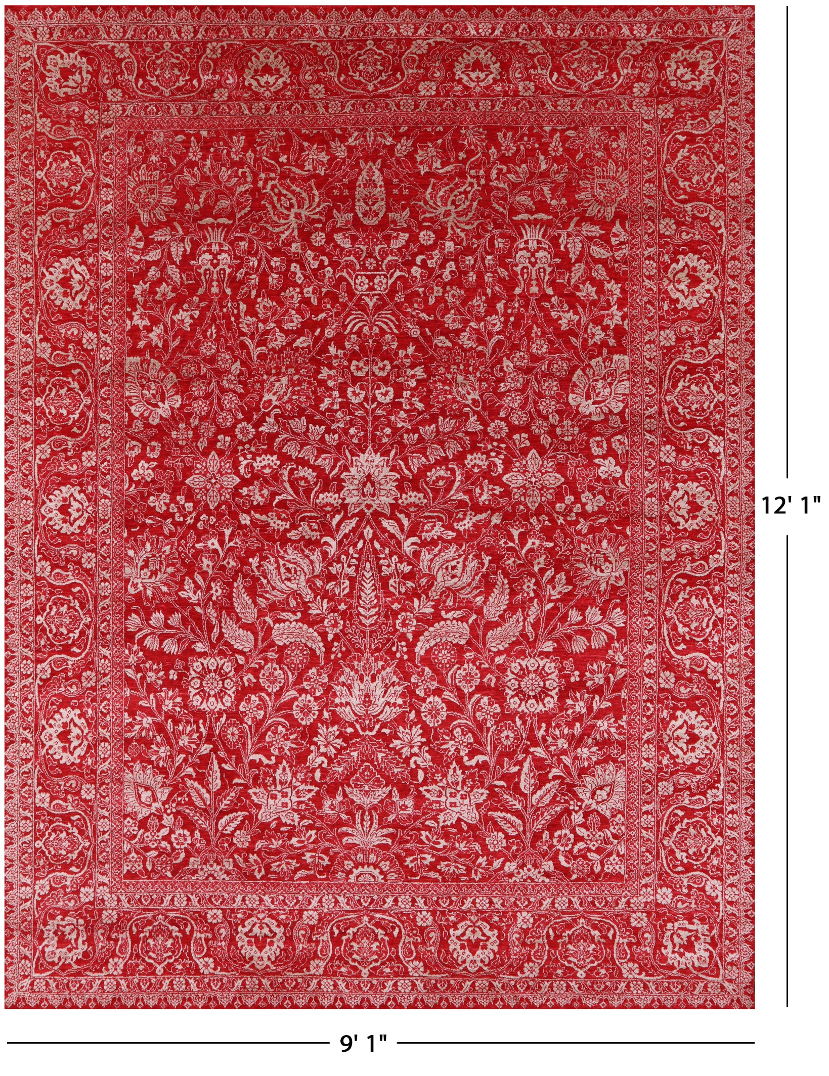 Red Persian Tabriz Hand Knotted Wool & Silk Rug - 9' 1" X 12' 1" - Golden Nile