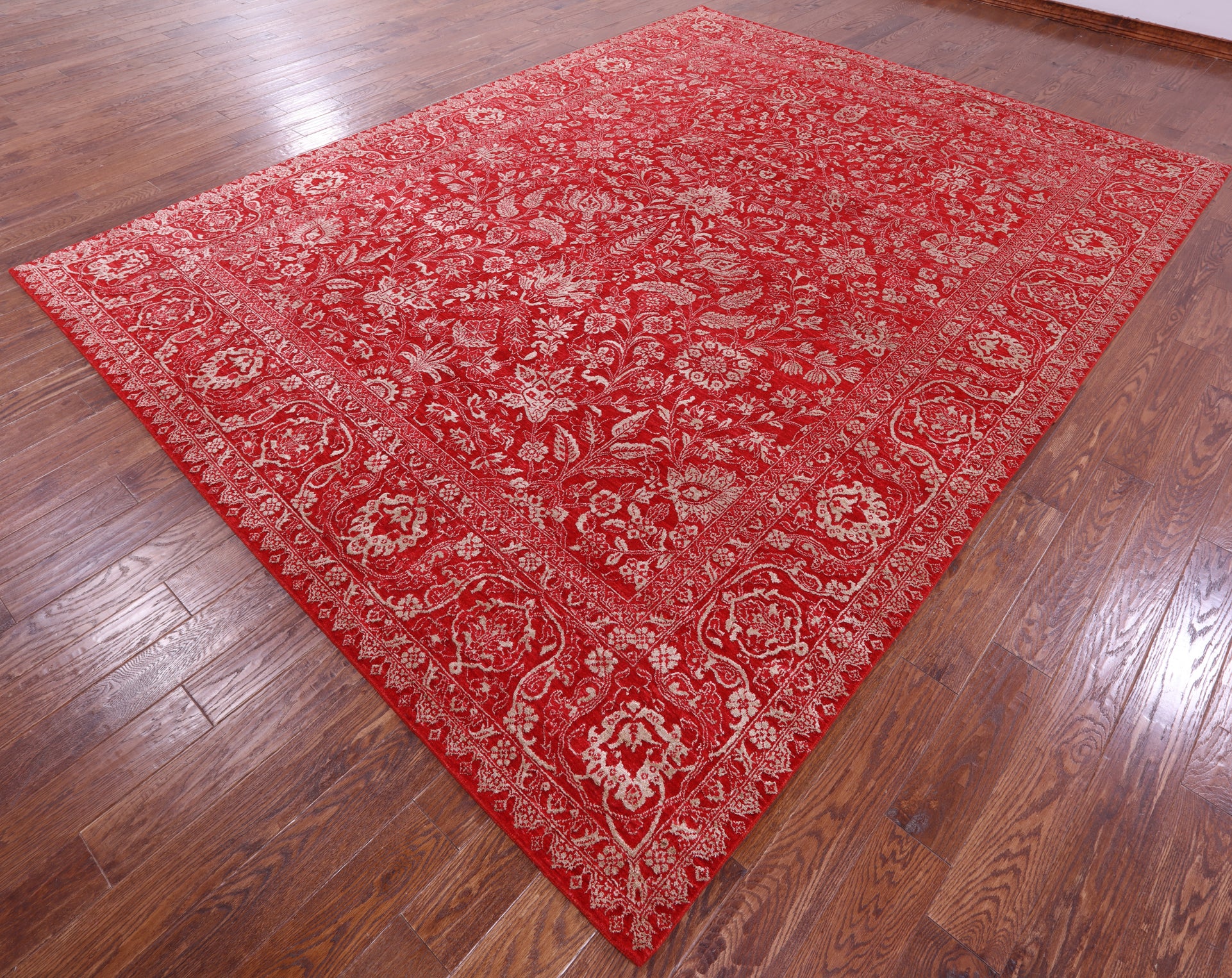 Red Persian Tabriz Hand Knotted Wool & Silk Rug - 9' 1" X 12' 1" - Golden Nile