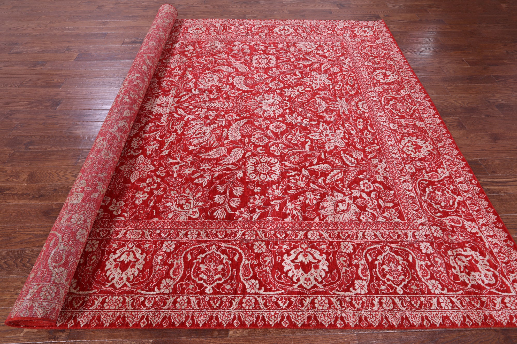 Red Persian Tabriz Hand Knotted Wool & Silk Rug - 9' 1" X 12' 1" - Golden Nile
