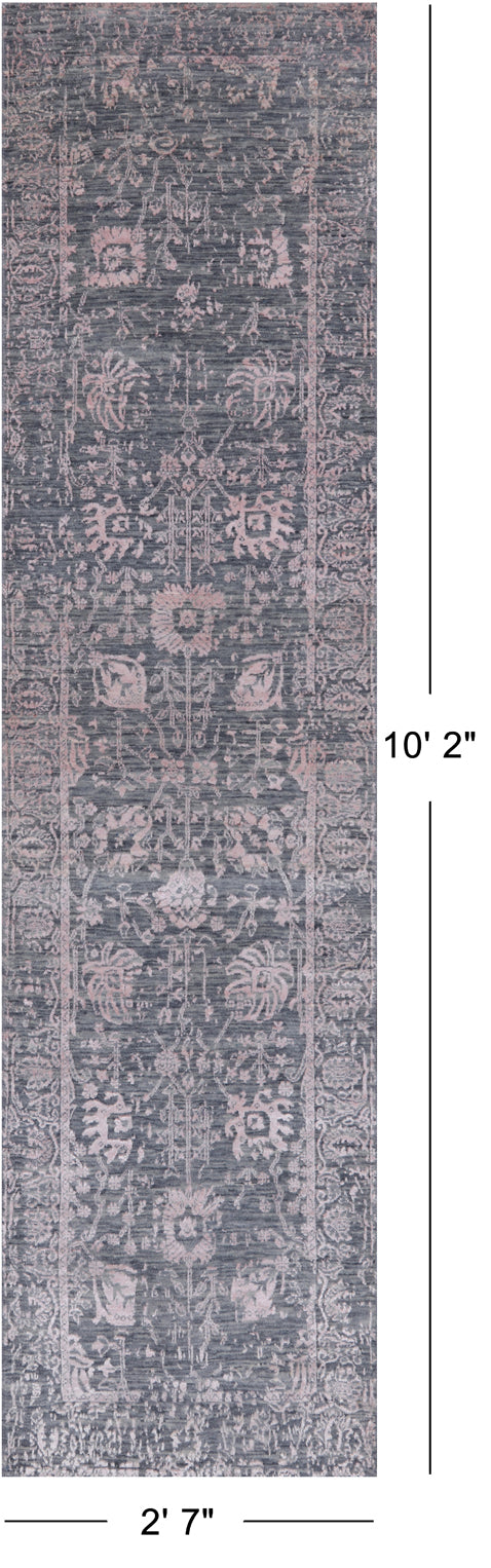 Grey Persian Tabriz Hand Knotted Wool & Silk Runner Rug - 2' 7" X 10' 2"