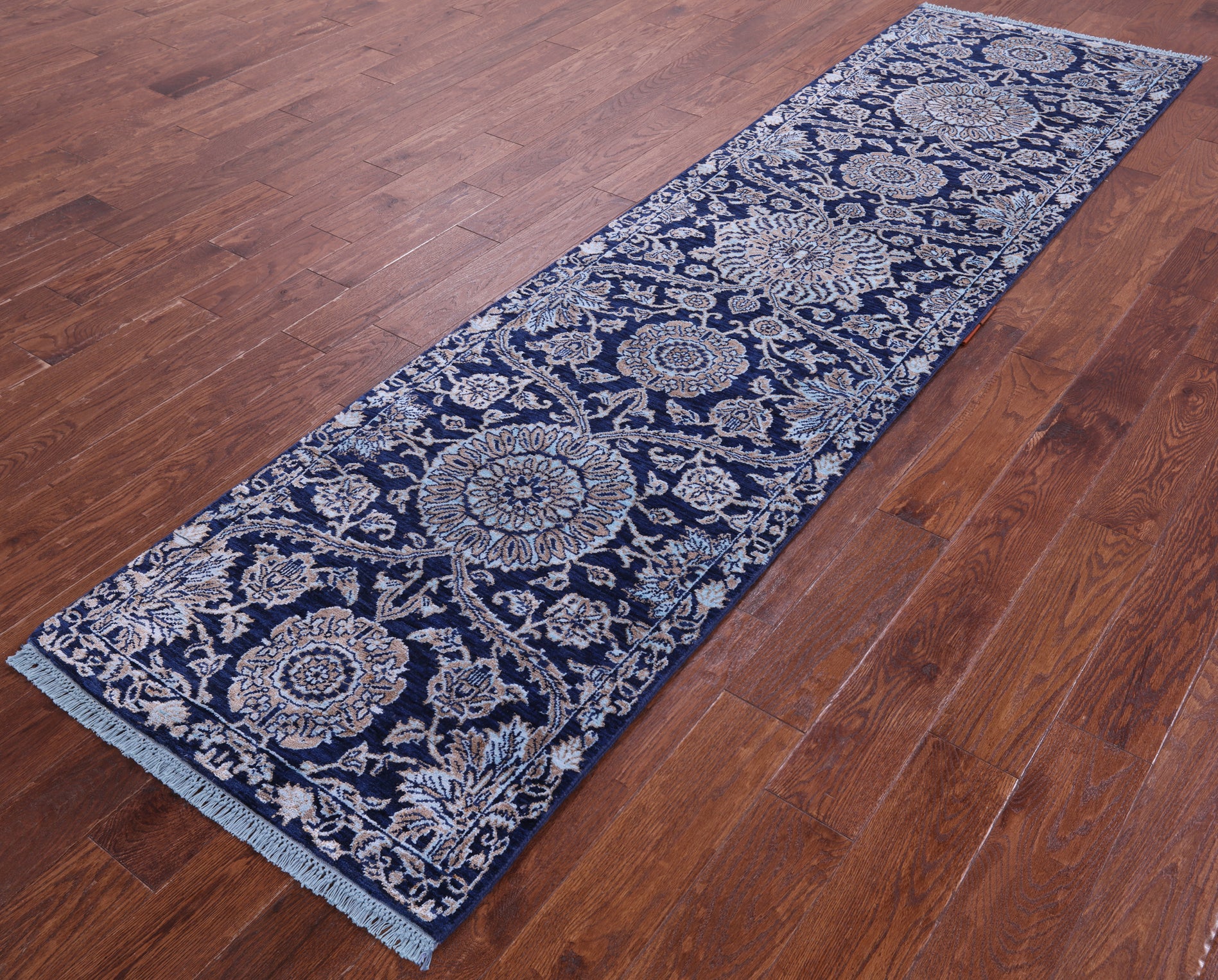 Blue Persian Tabriz Hand Knotted Wool & Silk Runner Rug - 2' 7" X 9' 11" - Golden Nile