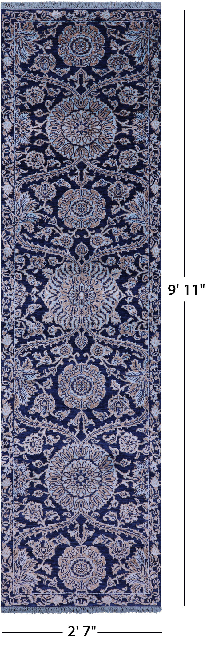 Blue Persian Tabriz Hand Knotted Wool & Silk Runner Rug - 2' 7" X 9' 11" - Golden Nile