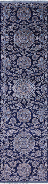 Blue Persian Tabriz Hand Knotted Wool & Silk Runner Rug - 2' 7" X 9' 11" - Golden Nile
