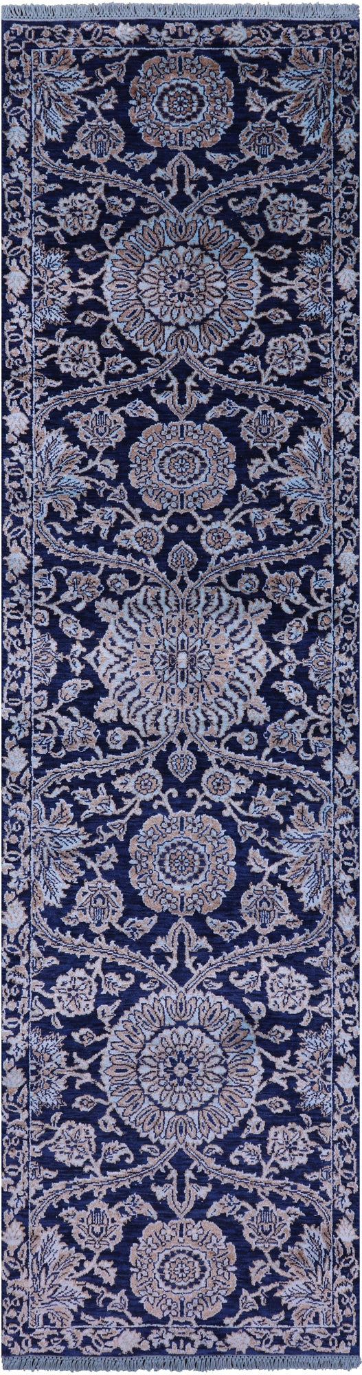 Blue Persian Tabriz Hand Knotted Wool & Silk Runner Rug - 2' 7" X 9' 11" - Golden Nile