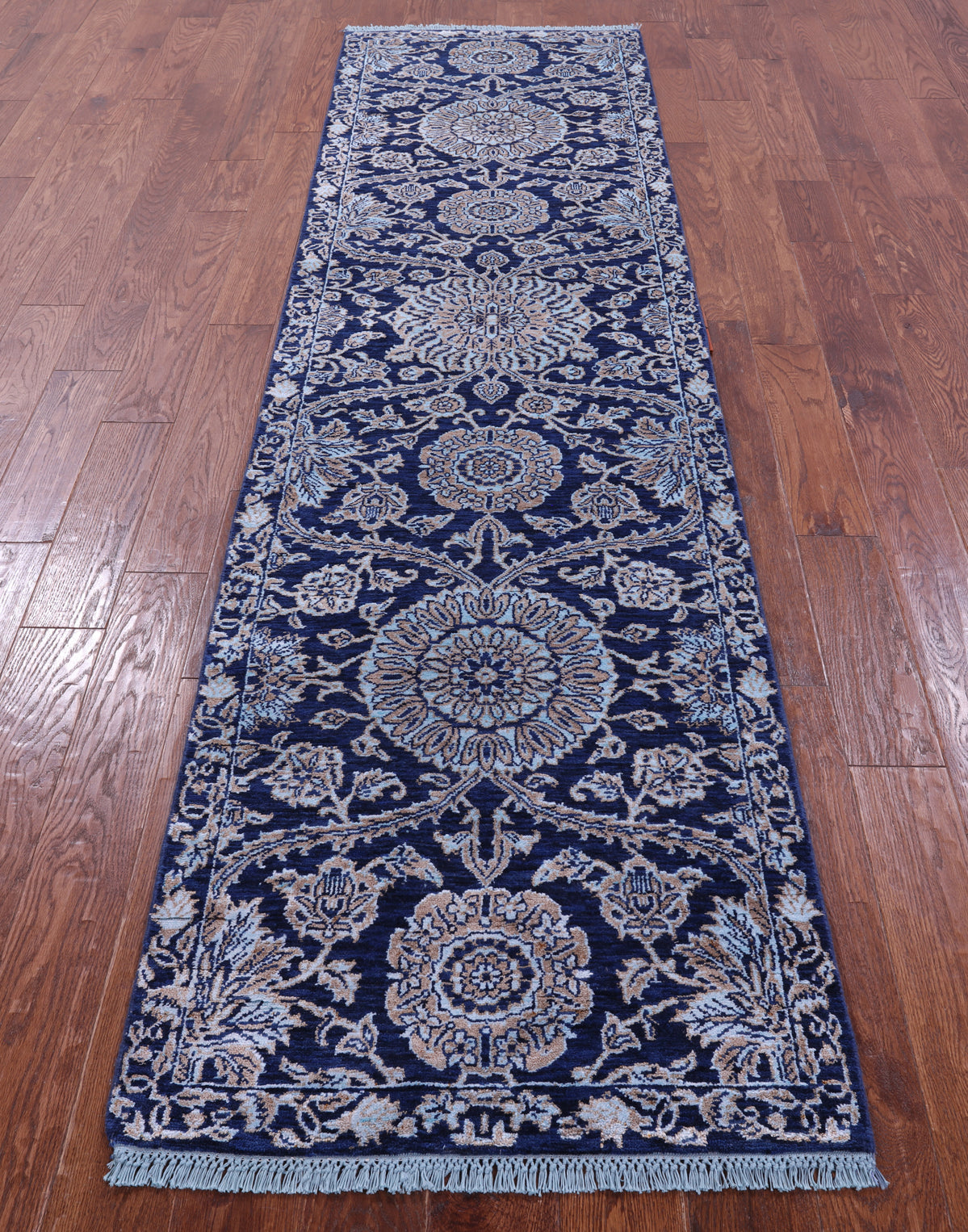 Blue Persian Tabriz Hand Knotted Wool & Silk Runner Rug - 2' 7" X 9' 11" - Golden Nile