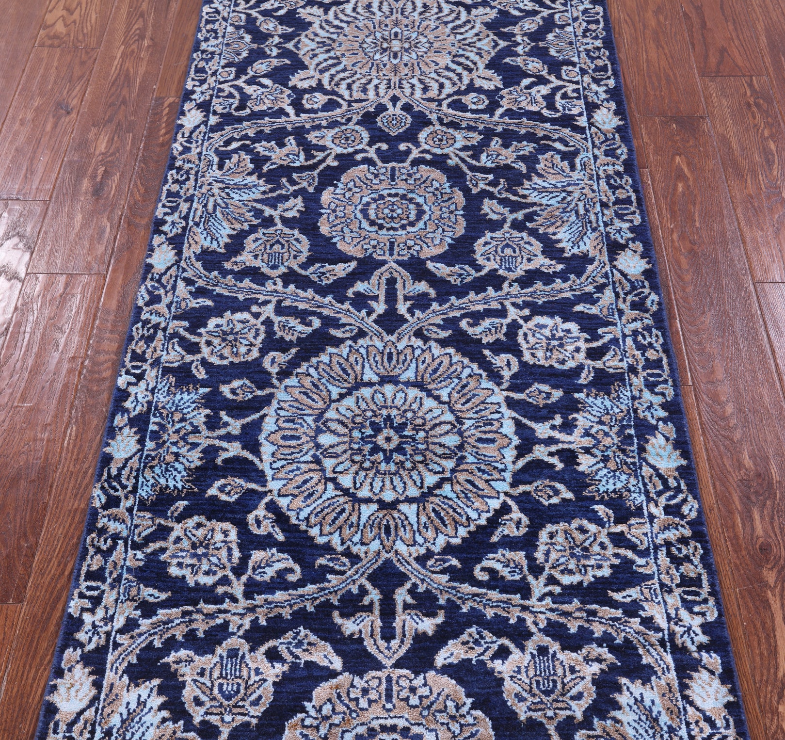 Blue Persian Hand Knotted Wool & Silk Runner Rug - 2' 8" X 9' 11" - Golden Nile