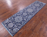 Blue Persian Hand Knotted Wool & Silk Runner Rug - 2' 8" X 9' 11" - Golden Nile