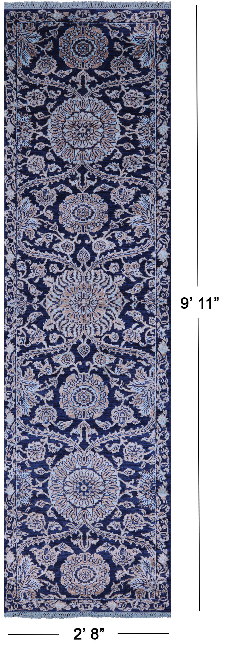 Blue Persian Hand Knotted Wool & Silk Runner Rug - 2' 8" X 9' 11" - Golden Nile