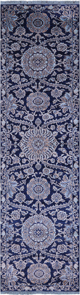 Blue Persian Hand Knotted Wool & Silk Runner Rug - 2' 8" X 9' 11" - Golden Nile