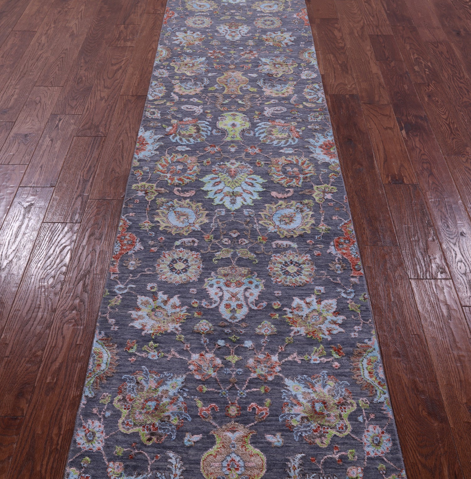 Grey Persian Tabriz Hand Knotted Wool & Silk Runner Rug - 2' 7" X 12' 2" - Golden Nile