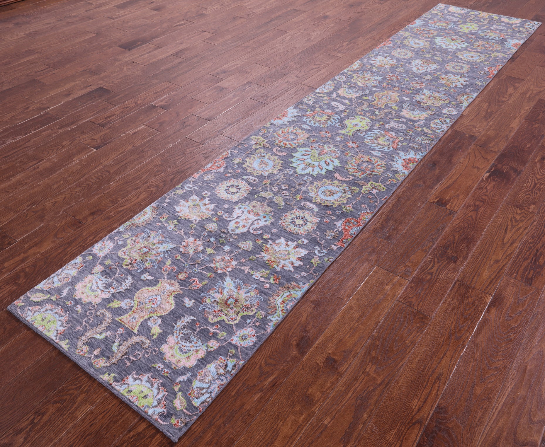 Grey Persian Tabriz Hand Knotted Wool & Silk Runner Rug - 2' 7" X 12' 2" - Golden Nile