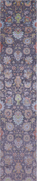 Grey Persian Tabriz Hand Knotted Wool & Silk Runner Rug - 2' 7" X 12' 2" - Golden Nile