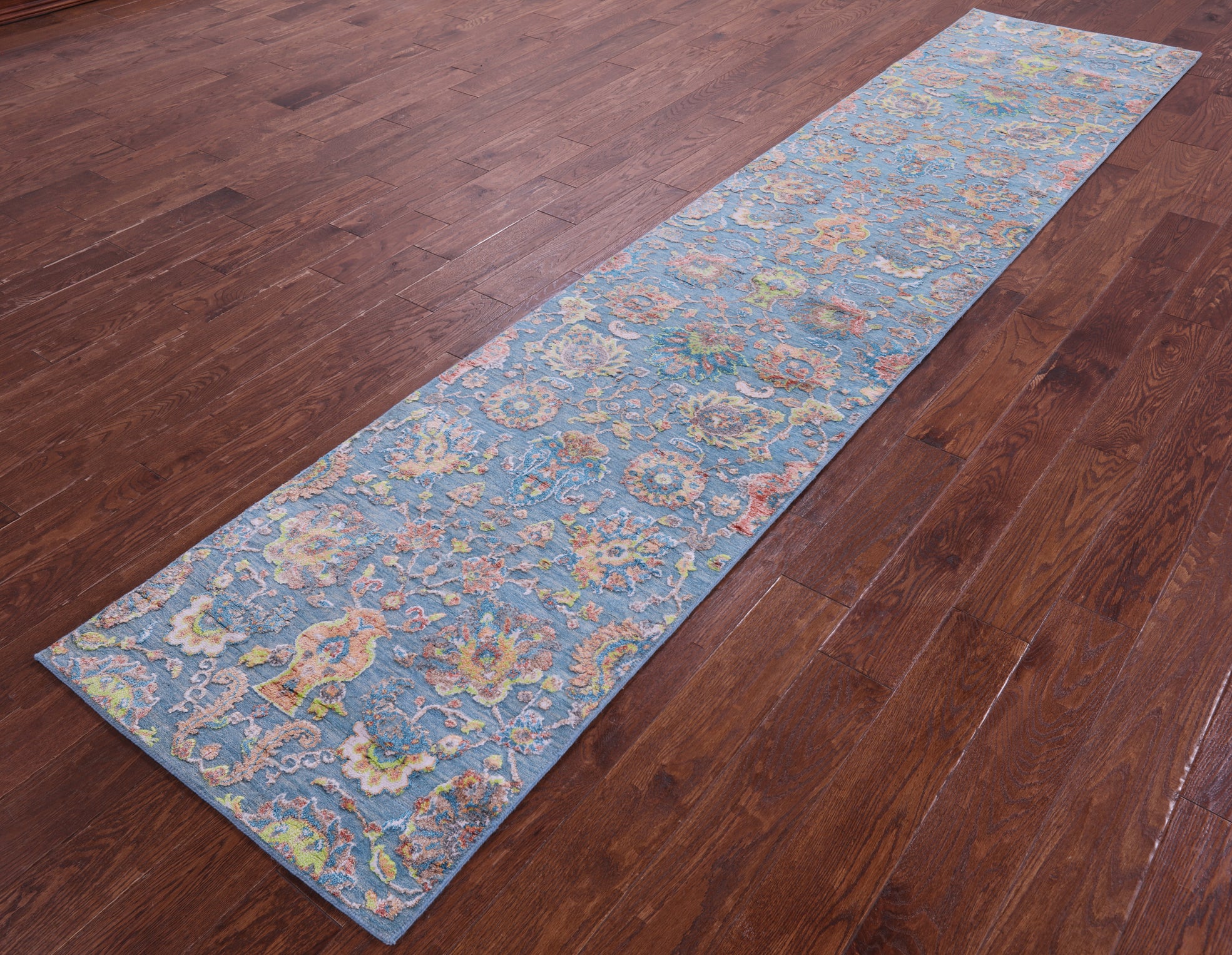 Blue Persian Tabriz Handmade Wool & Silk Runner Rug - 2' 6" X 11' 11" - Golden Nile
